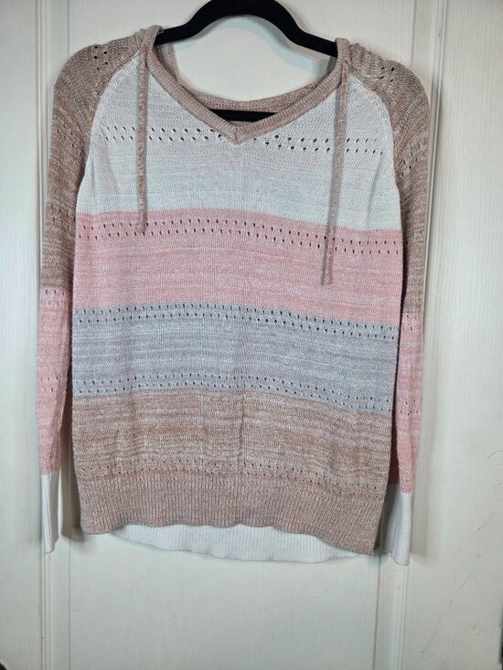 SHEIN? Tops - White Pink Gray Tan Striped Lightweight Hoodie Sweater Size XS-S